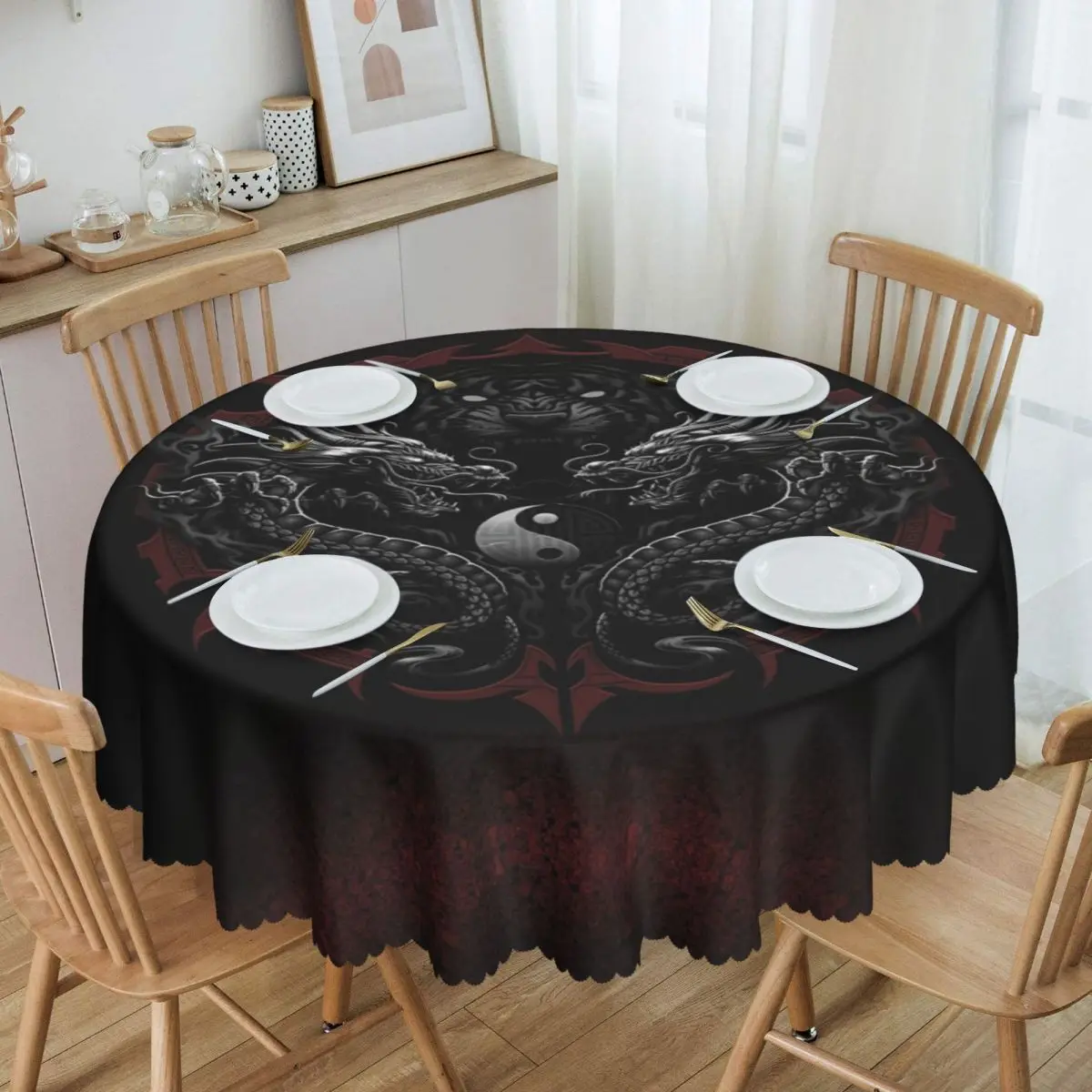 

Dragon And Tiger Tattoo Tablecloth Round Oilproof Yin Yang Symbol Table Cover Cloth for Kitchen 60 inch