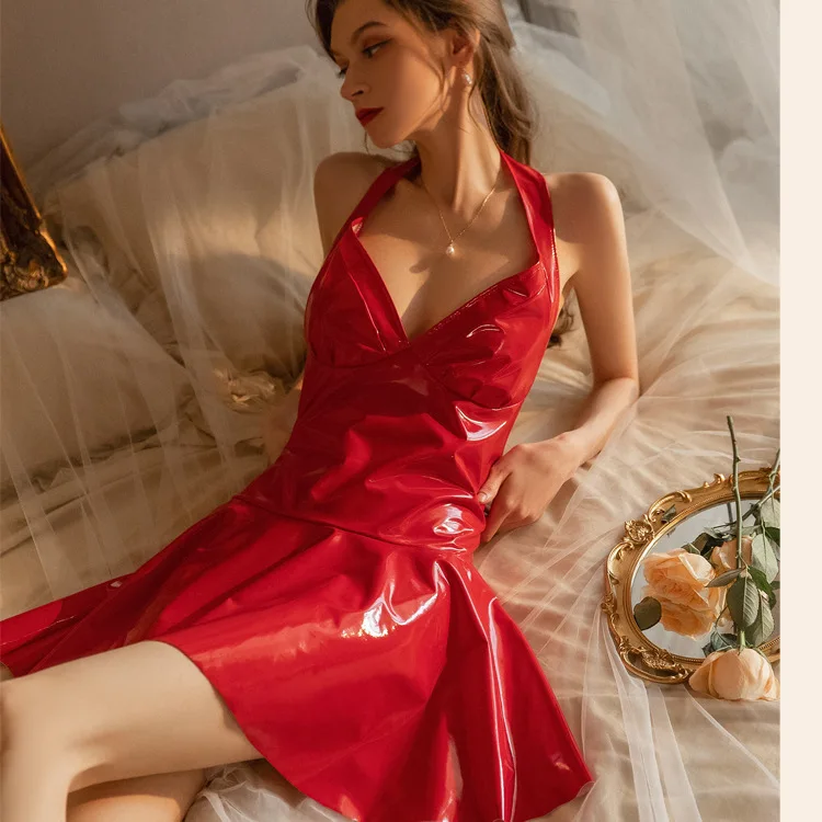 

Patent Leather Lace Hollow Sexy Pajamas Women's Nightdress Homewear PU Leather Sexy Lingerie