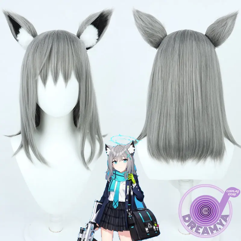 

Sunaookami Shiroko Cosplay Wig Blue Archive Gray 40cm Short Heat Resistant Synthetic Hair Halloween Role Play Party + Wig Cap