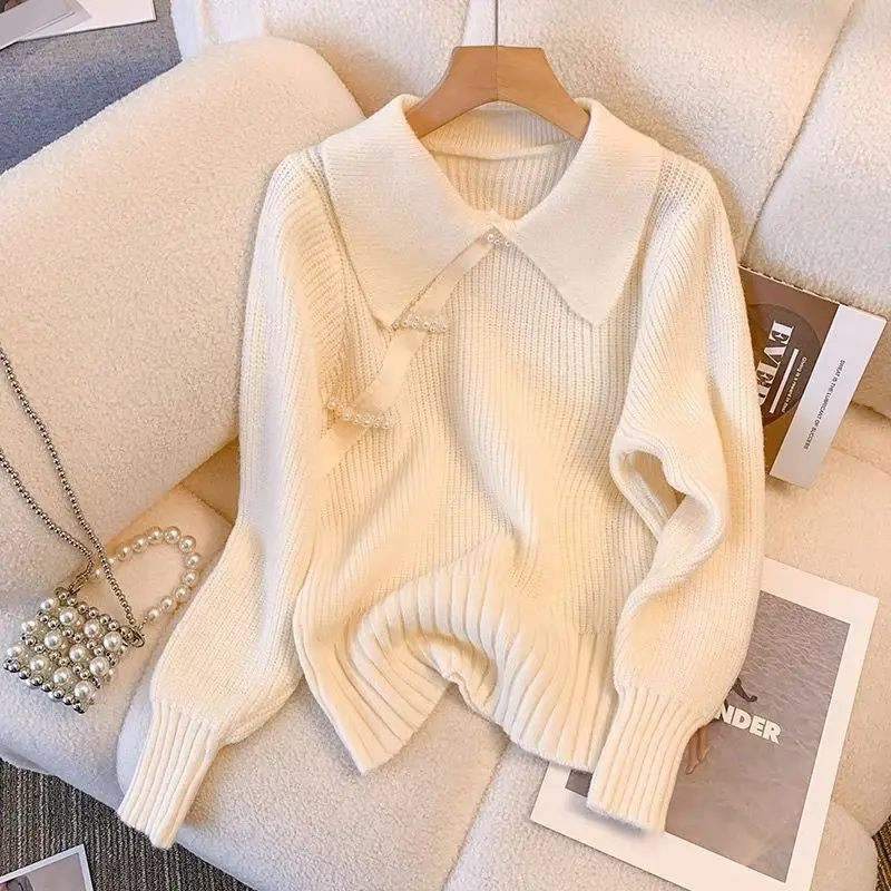 

Winter Fall 2023 Vintage New Women Knitted Ribbed Loose Sweater V-neck Long-sleeved Oversize Pullovers Solid Sweater Z49