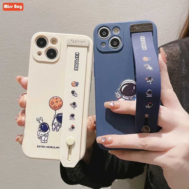 

Cartoon Astronaut Liquid Silicone Wrist Straps Holder Case For iPhone 14 Plus 13 12 11 Pro max X XR XS Max 6 6S 7 8 Plus Cover