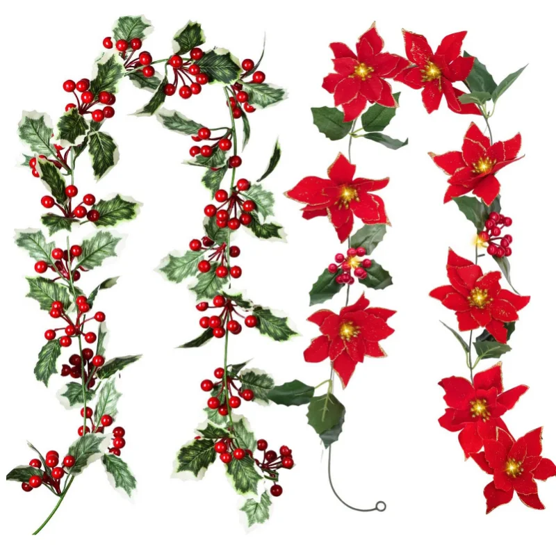 

2M Christmas Artificial Holly Leaves Vine Garland Red Berries Ivy Vine Xmas Tree Rattan Wreath Hanging Ornaments Home Decoration