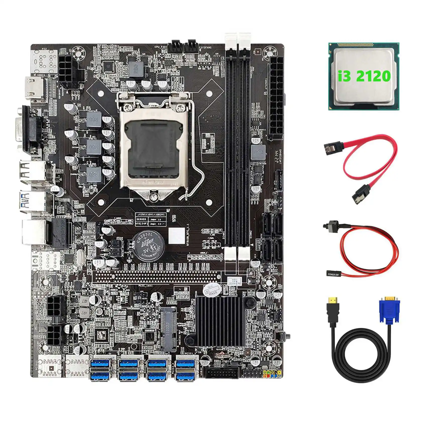 B75 ETH Mining Motherboard 8XPCIE to USB+I3 2120 CPU+HD to VGA Cable+SATA Cable+Switch Cable LGA1155 B75 USB Motherboard