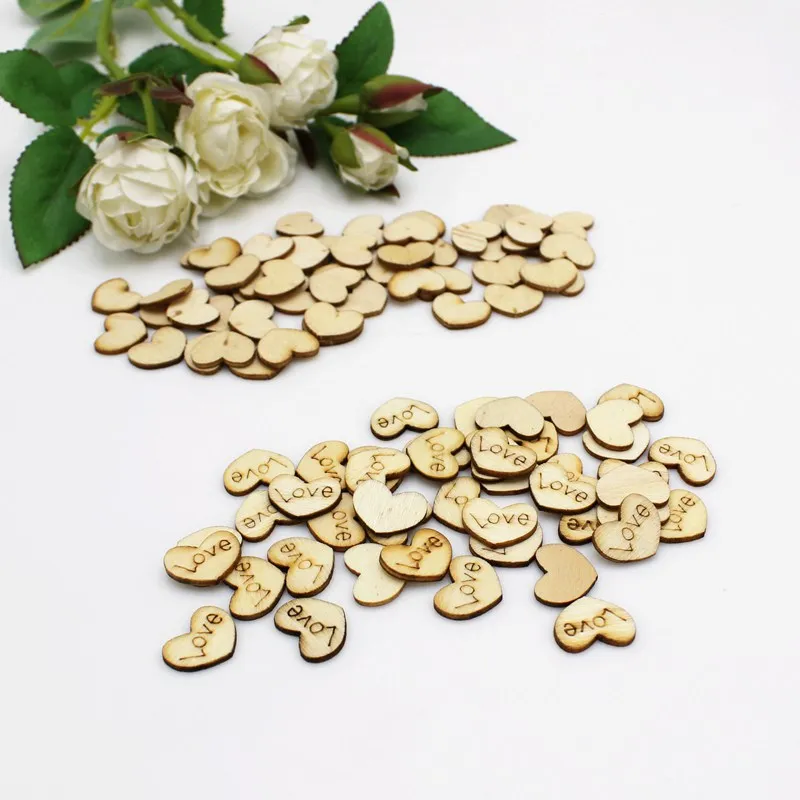

100/200 pcs/pack Cute Mixed Love Heart wood chips Wedding Table Scatter Decor Rustic Wooden Wedding Decoration Buttons