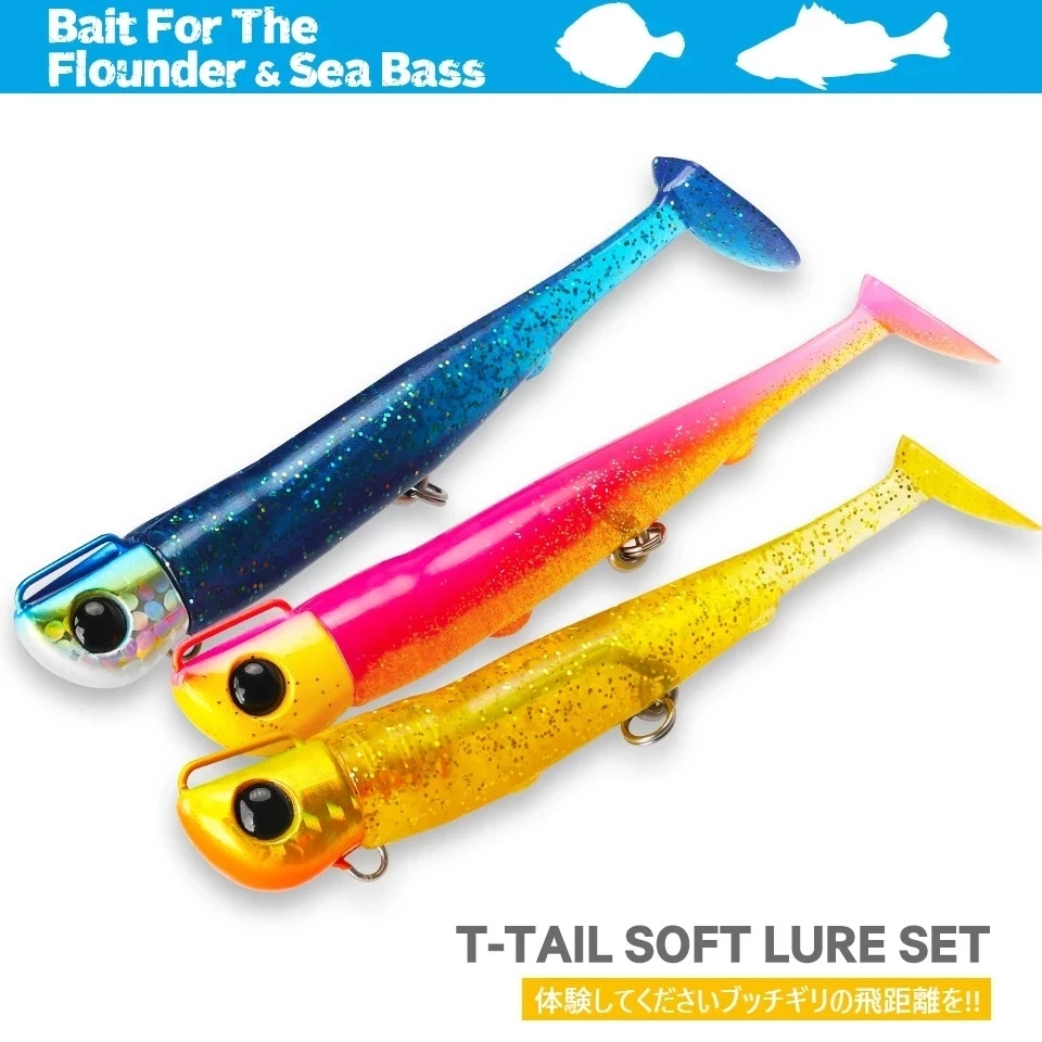 

TSURINOYA 4 bags Jig Head Long Casting T Tail Soft Lure Set 110mm 35g Lure Body Seabass Flounder Saltwater Sinking Fishing Lure