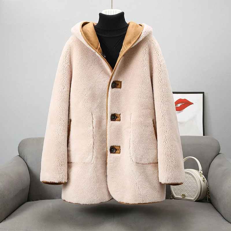 

Зимняя женская одежда из овчины, пальто из натуральной шерсти, теплое двустороннее женское меховое пальто с капюшоном Zm1751