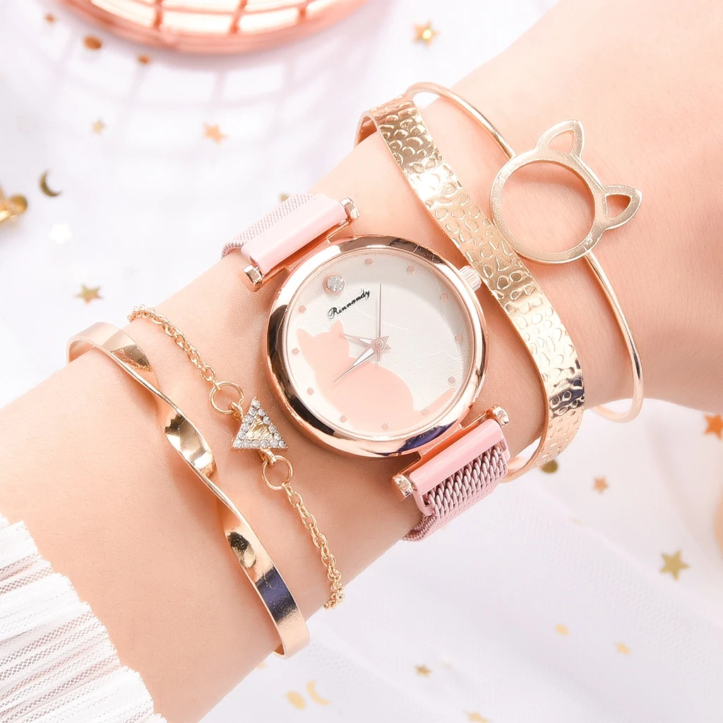 Women Fashion Watch Set 5Pcs Quartz Wristwatch Mesh Bracelet Cat Dial Luxury Women Watch Casual Ladies Clock With Bracelet Set
