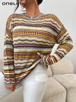 onelink womens sweater autumn plus size browish clothing knitting yarn striped pattern pullover o neck long sleeve female tops
