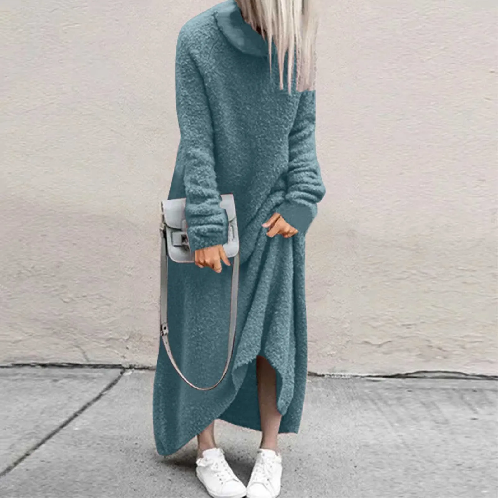 

Women Dress Autumn Winter Solid Loose Turtle Neck Plush Long Sleeve Long Dress Cocktail Dresses Streetwear Vestidos Mujer Robes