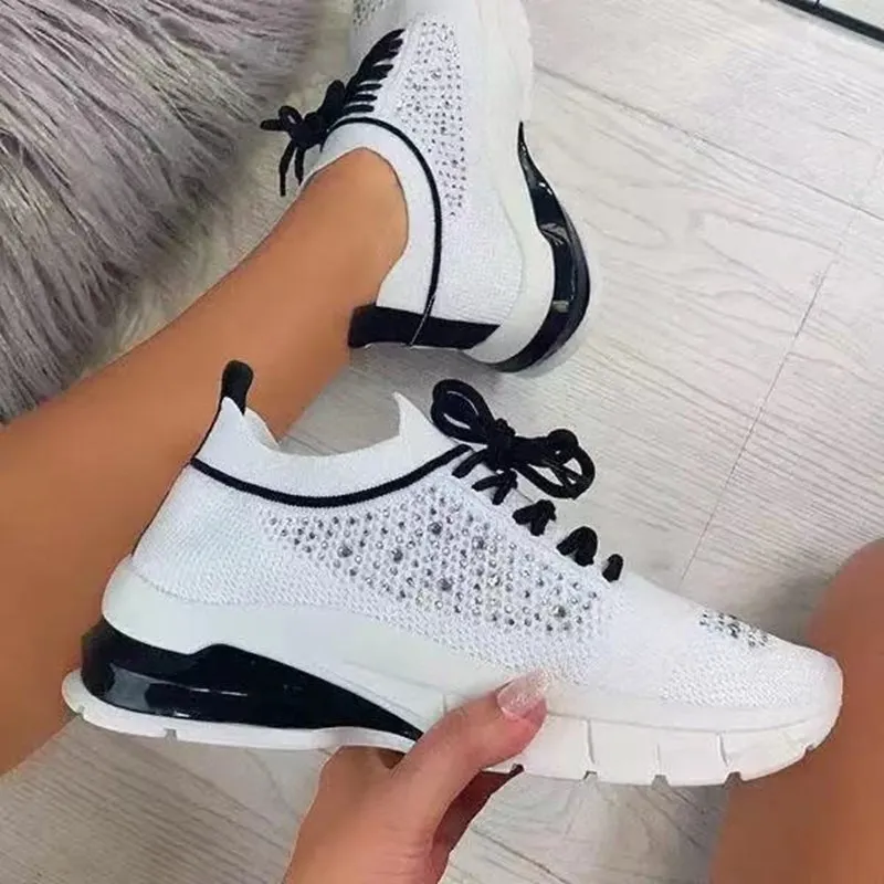

2021 Summer Rhinestone Casual Shoes Women Fashion Lace-up Breathable Mesh Sneakers Women Running Shoes Size 43 Vulcanized Shoes