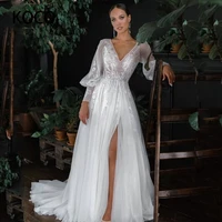 macdugal wedding dress 2022 bohemia tulle long sleeve v neck appliques a line sweep train long elegant vestido de novia civil
