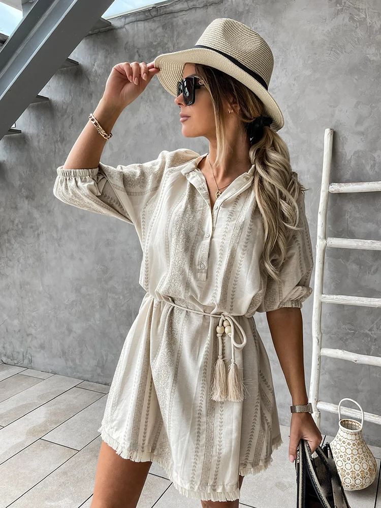 

Boho Print Tassel Belt Elegant Dress Women Summer Casual Half Sleeve V-neck Buttons Chic Robe Femme Loose A-line Mini Dresses