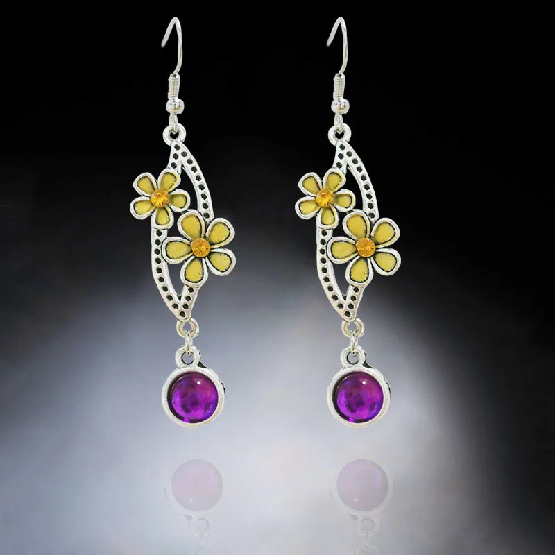 

Gorgeous Yellow Flower Earrings Women Trendy Silver Color Inlaid Purple Zircon Stones Statement Drop Earrings Jewelry