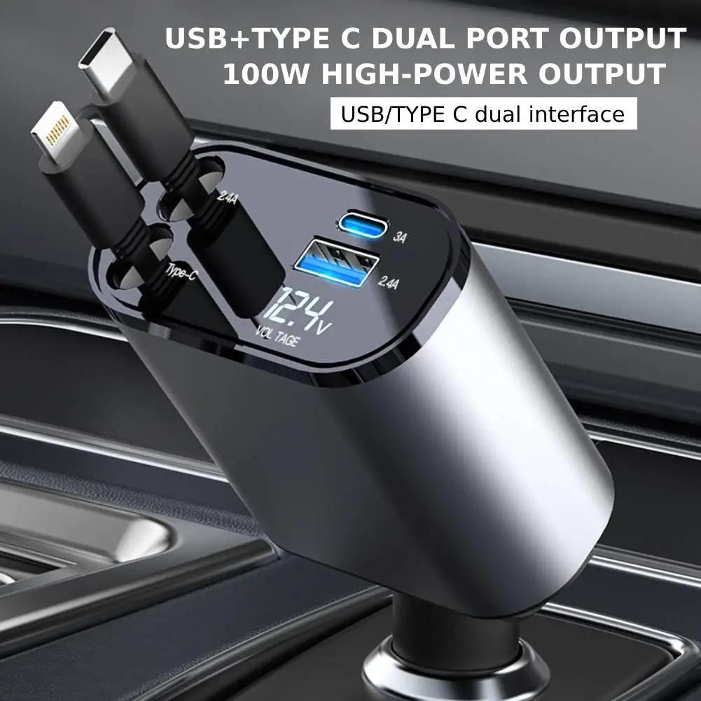 

100w 4 IN 1 Retractable Car Charger USB Type C Cable For IPhone Samsung Fast Charge Cord Cigarette Lighter Adapter