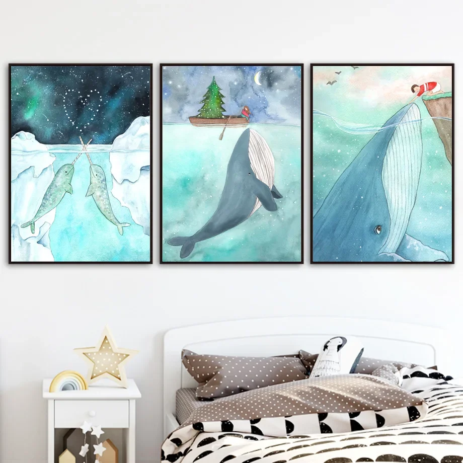 Китов нарваль девочка мальчик океан Мир Детская стена искусство холст картина