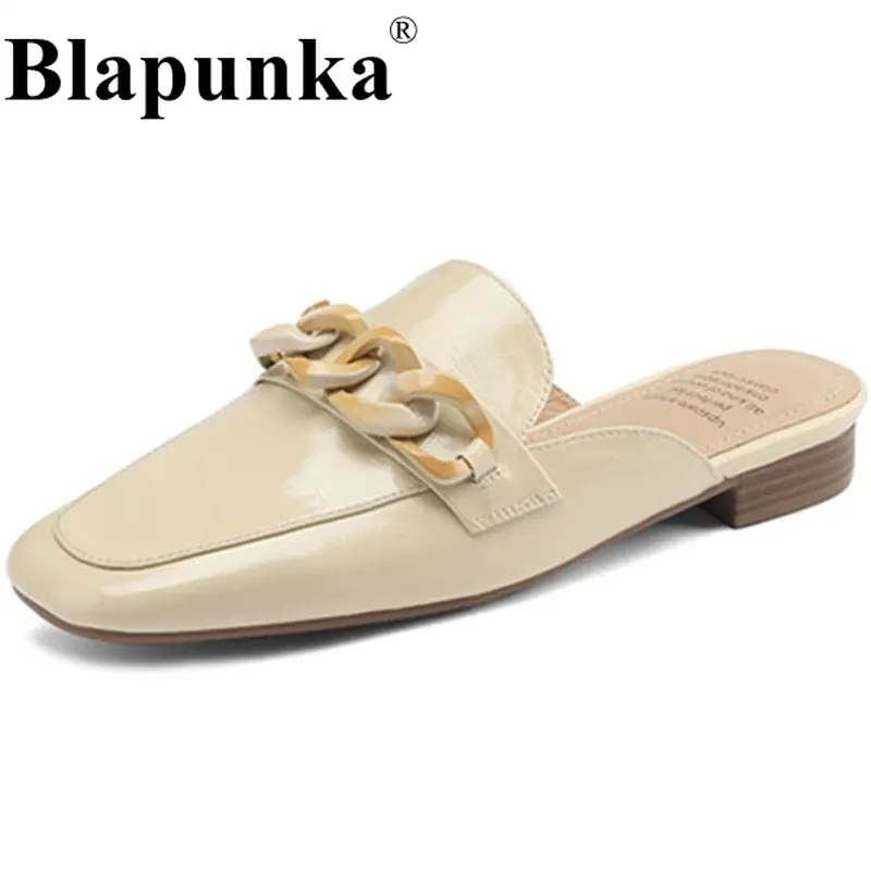 

Blapunka Natural Real Leather Flat Mules Women Spring Summer Slip-on Slippers Metal Chain Slides Casual Sandal Shoes Beige 34-42
