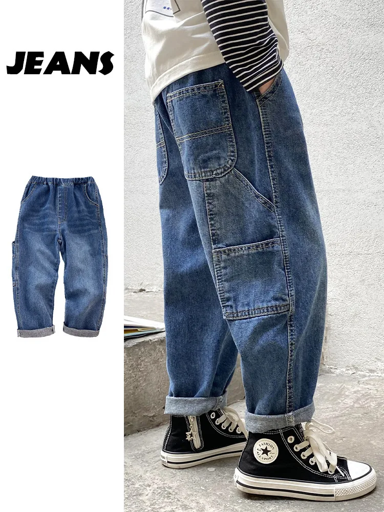 

Children Boys Jean Trousers 2022 Spirng New Design Big pockets Loose Casual Pants Toddler Clothing size 110-160