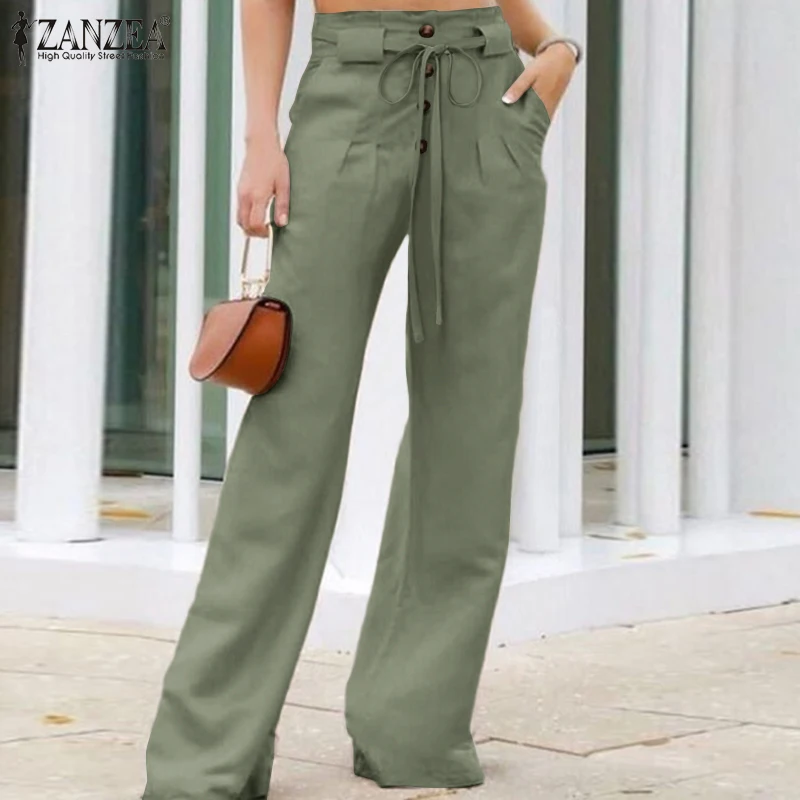 

Fashion Women Wide Leg Trousers Spring Elegant OL Pants ZANZEA Stylish Solid Buttons Long Pantalon Casual Work Palazzo Oversized