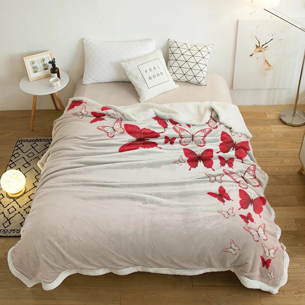 

Red White Butterfly Insect Plush Throw Blanket Sherpa Fleece Bedspread Blankets Sofa Cover Bedding Picnic Wool Soft Blanket