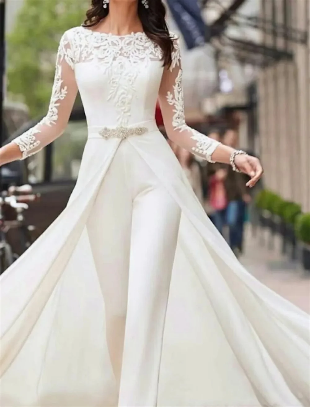 

Jumpsuits Wedding Dresses Jewel Neck Court Train Polyester Long Sleeve Formal Plus Size with Lace Sashes / Ribbons Crystals 2022