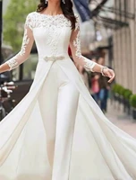 jumpsuits wedding dresses jewel neck court train polyester long sleeve formal plus size with lace sashes ribbons crystals 2022