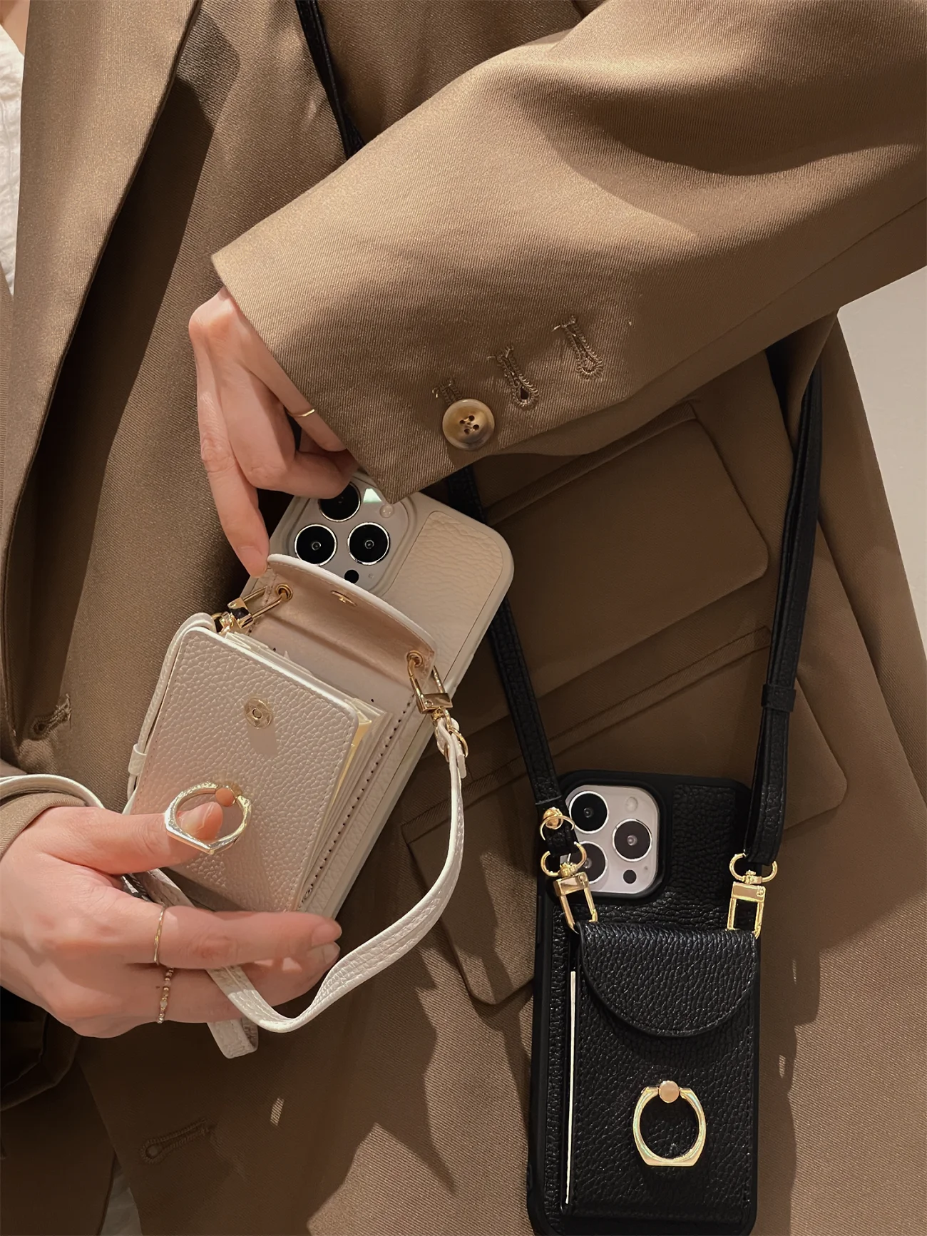 

Чехол-портмоне на плечо с отделением для карт и кольцом-держателем для iPhone 14 11 12 13 Pro Max