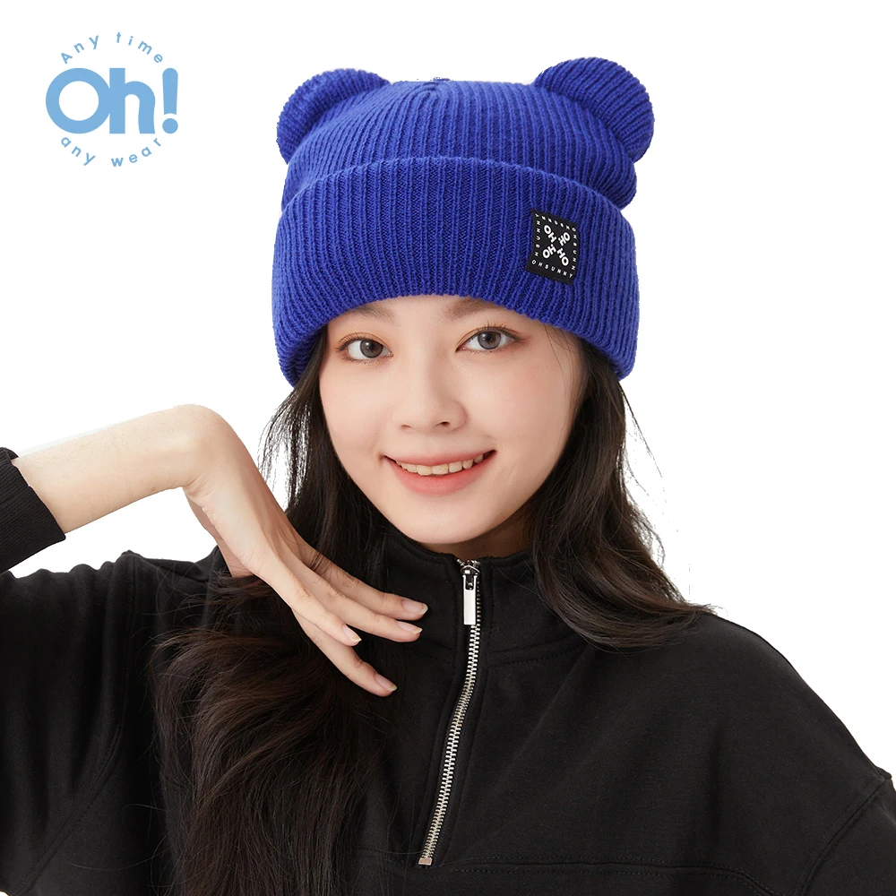 OhSunny Warm Wool Knitted Hat Winter Ski Hat Women Foldable Knitted Hat Dual-purpose Bear Ear Hat Bonnets for Women Beanie