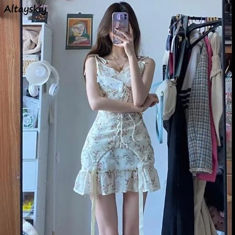 

Sleeveless Dress Women French Style Elegant All-match College Ins Street Wear Bandage Sweet Floral Young Female Summer Cosy Fit