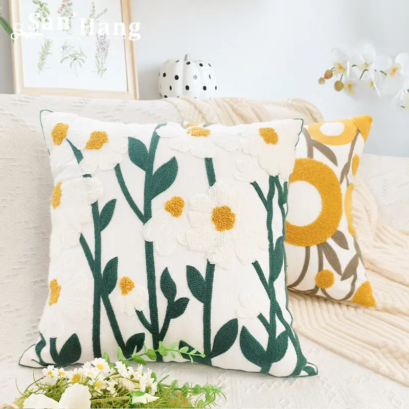 

Soft Cozy Cotton Canvas Embroidery Flora Cushion Cover Pillow Cover 30x50cm PillowCase Yellow Zigzag Pillow Sham for Living Room