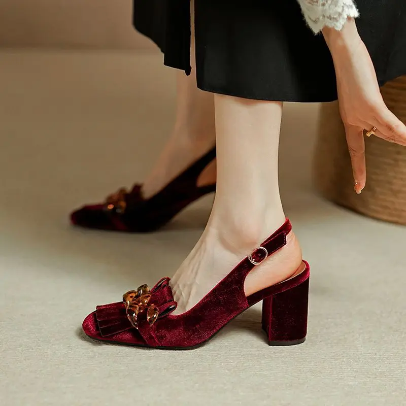 

Женские туфли-лодочки, элегантные бархатные туфли на толстом квадратном каблуке 7,5 см в стиле ретро, с пряжкой, для выпускного вечера, весна-осень