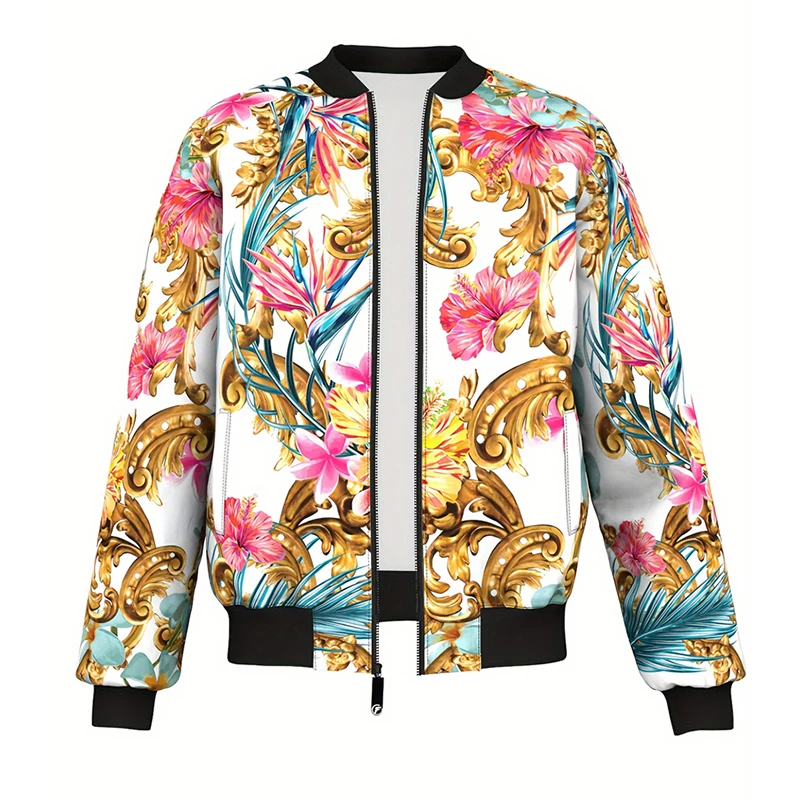 Luxury Baroque Bomber Jacket Men Women 3D Printed Gold Graphic Jackets Street Trend Fashion Flowers Autumn Zipper Soft Coat