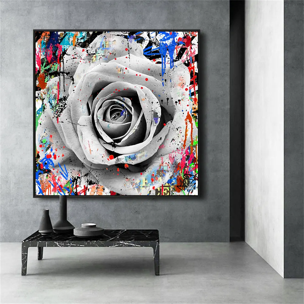 

Graffiti Grey Rose Flower Paintings on Canvas Modern Abstract Floral Wall Art Poster Pictures for Living Room Home Decoration