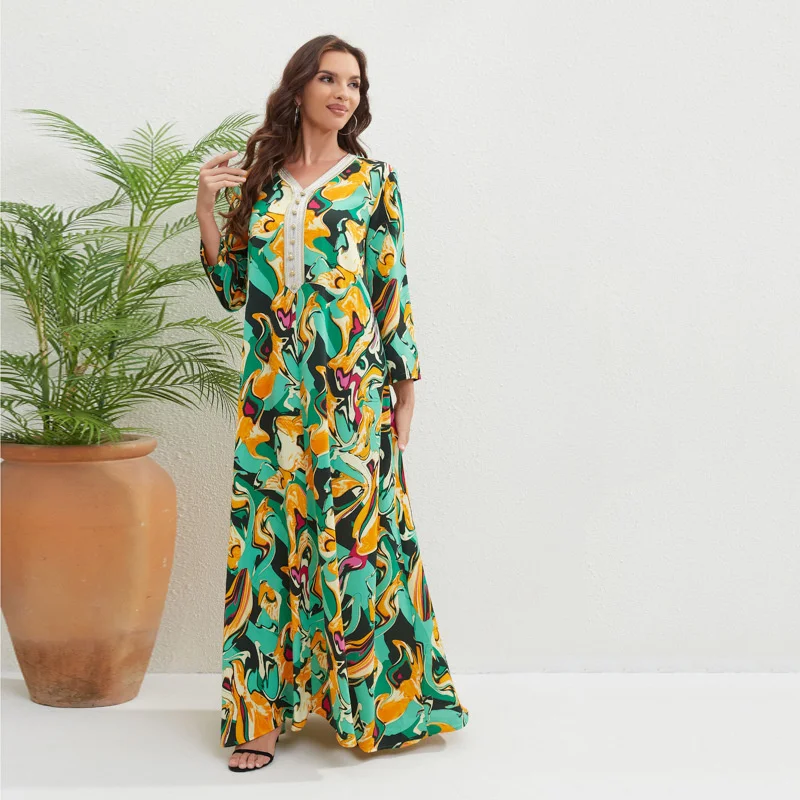 Abaya For Women Printed Loose Fit Women's Dress 2023 Summer New Casual Home Furnishing Fashion V-neck Robe Dubai Turkey Islam
