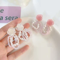 summer pink rose earrings vintage french sweet pearl earrings girls women romantic korean fashion jewelry 2022 pendientes mujer