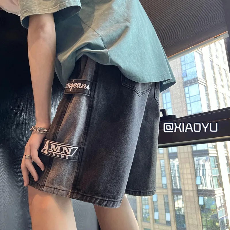 Side Patch Design Jeans Shorts for Mens Summer Fashion Trends High Street Clothes Teens Baggy Denim Pants Plus Size Streetwear