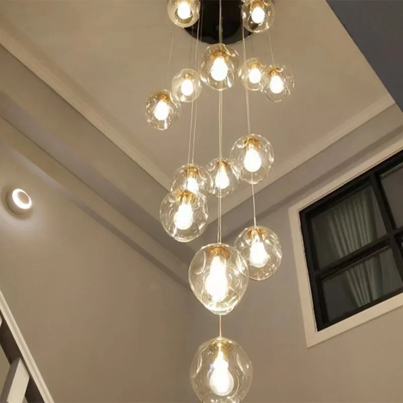 2022 new modern spiral staircase lamp chandelier long chandelier living room villa attic restaurant glass ball bubble chandelier