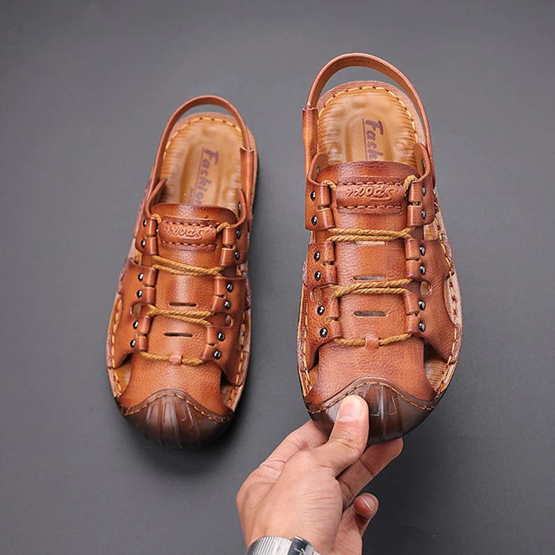 SALUDAS Men's Slippers Summer Beach Sandals Cowhide Genuine Leather Handmade Luxury Casual Sandals Non Slip Men's Shoes