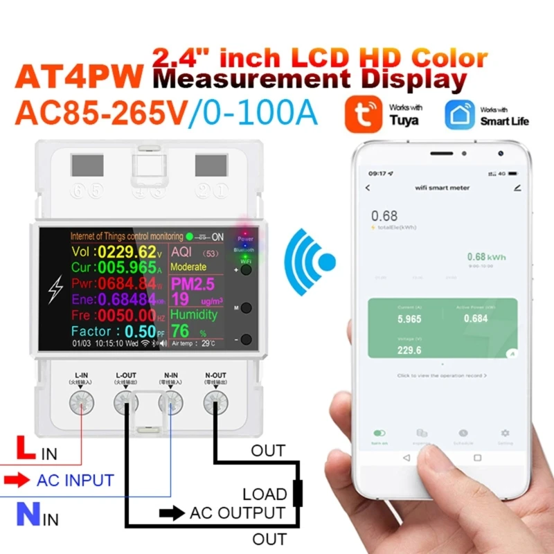 

Electricity Power Voltage Current Monitor WiFi APP-Control Rail Mounting Electricity Usage Monitor Works with Tuya-Alexa M4YD