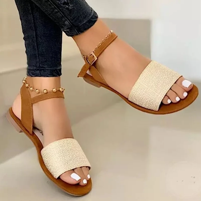 

Large Size Women's Shoes 2022 Summer Casual Flat Buckle Belt Ladies Footwear Open Toe Bling Breathable Cotton Sandals for Woman