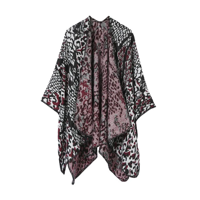 

Imitate Cashmere Knitted Shawl Women Leopard Print Cloak Keep warm Autumn Winter Poncho Lady Capes Red Cloaks