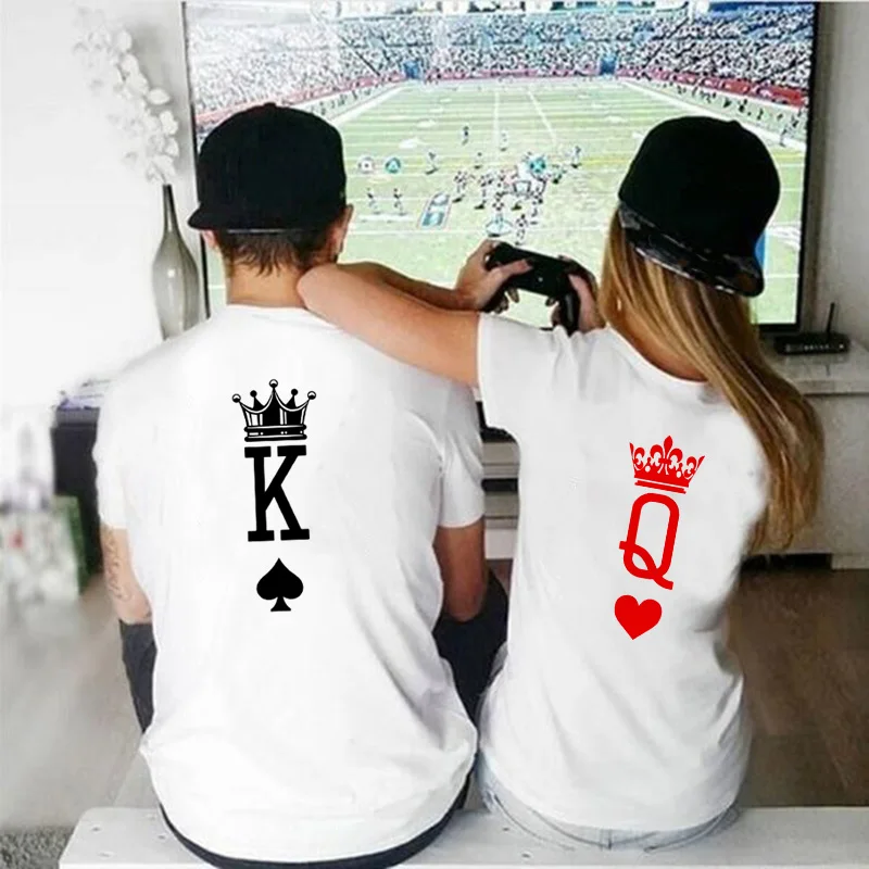 

King Queen Crown Print Couple Matching Short Sleeve T-shirt Valentine's Day Gift for Girlfriend Boyfriend Casual Lover T Shirt