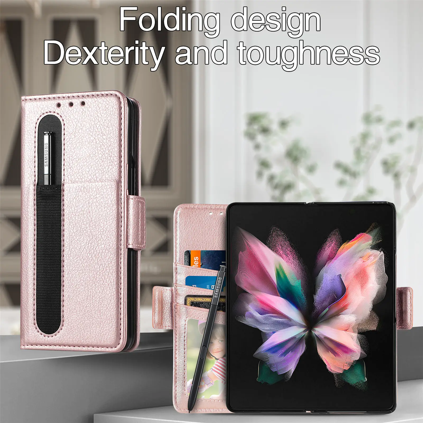 

Деловой кожаный чехол-бумажник с текстурой личи для Samsung Galaxy Z Fold3 Fold3 Fold4, складной чехол с 3 искусственными элементами и держателем для ручки