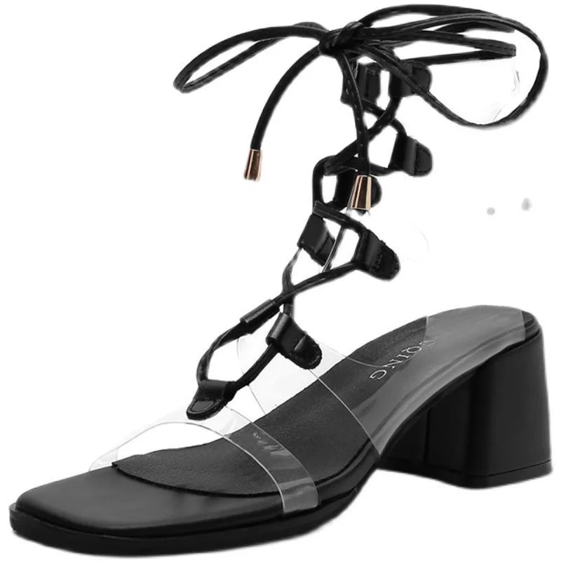 

Cross-tied Transparent Women Pumps Summer Chunky Heel Sandals Narrow Band Sweet Ladies Shoes Hot Sale Peep Toe