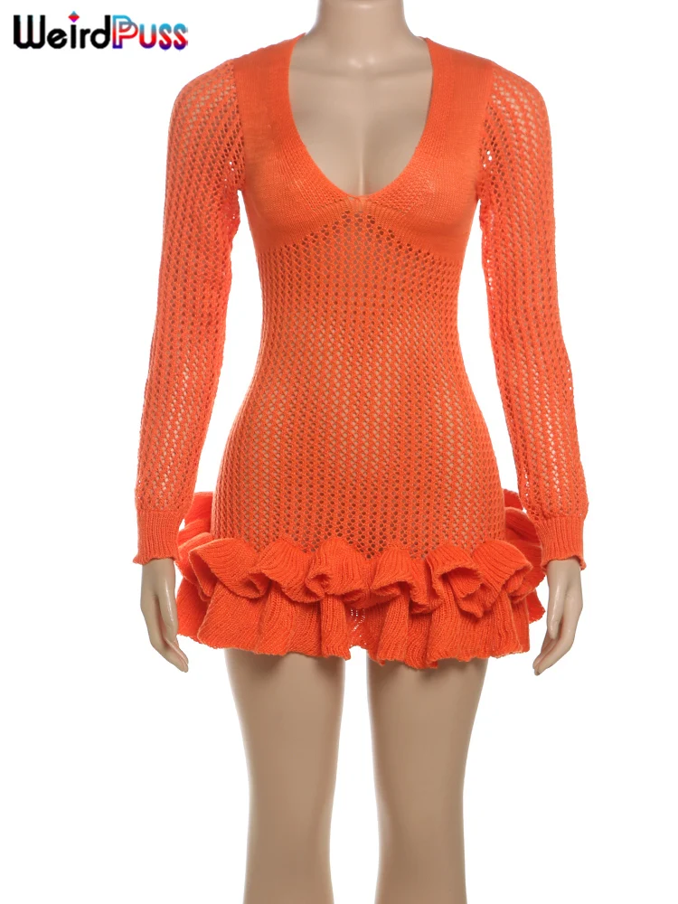 Weird Puss Вязаное крючком женское платье Прозрачный сексуальный многоуровневый