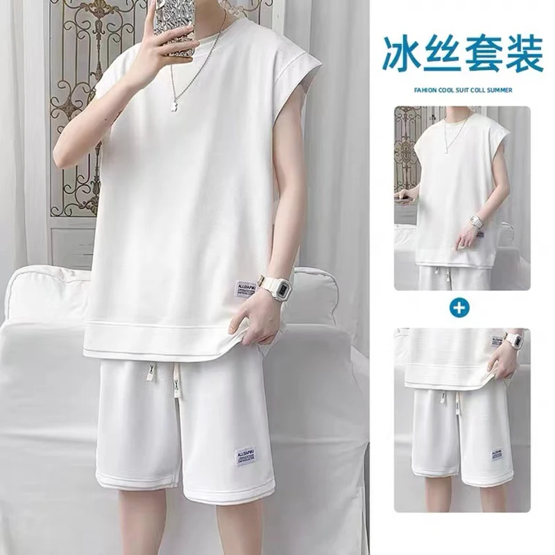 

2022 Summer Men's Tracksuit Men Short Sets Waffle Vest Japanness Hip Hop High Street Casual Outfit Black White Men Clothing