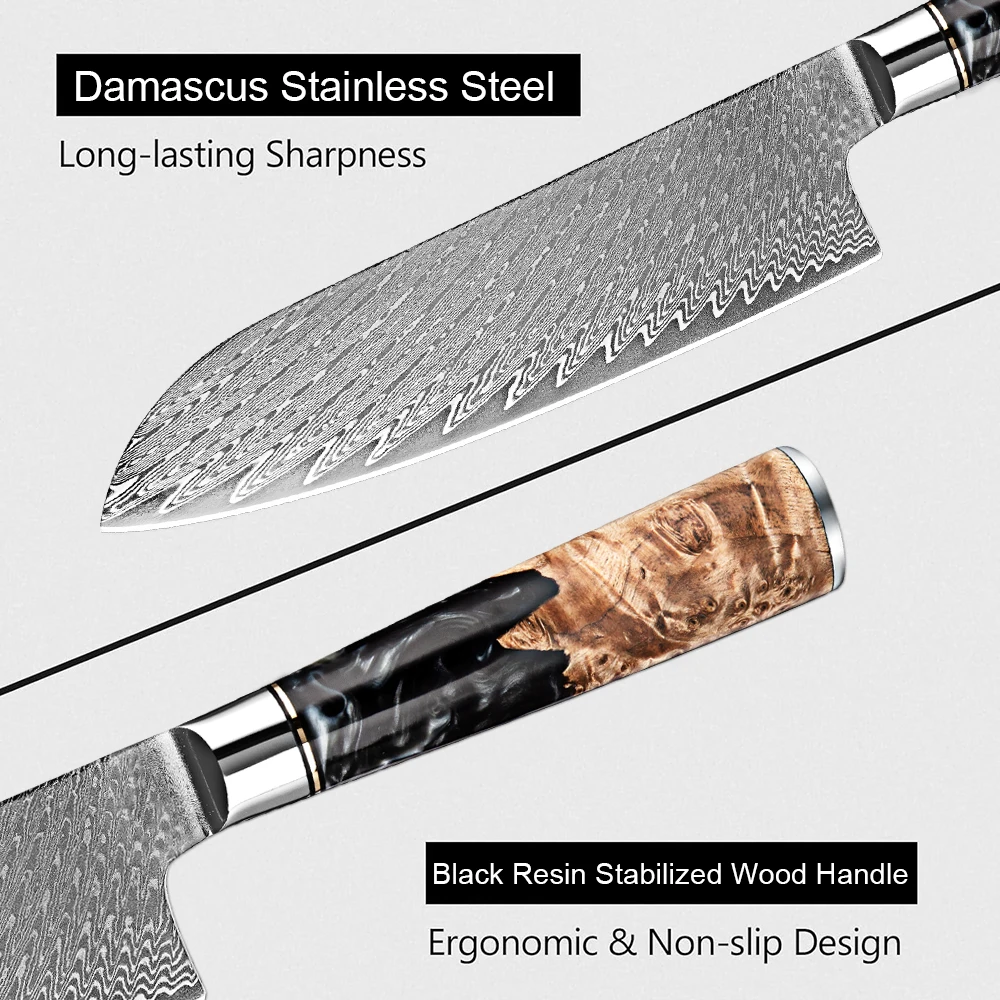 Профессиональный японский нож сантоку 7 дюймов Острый кухонный из дамасской