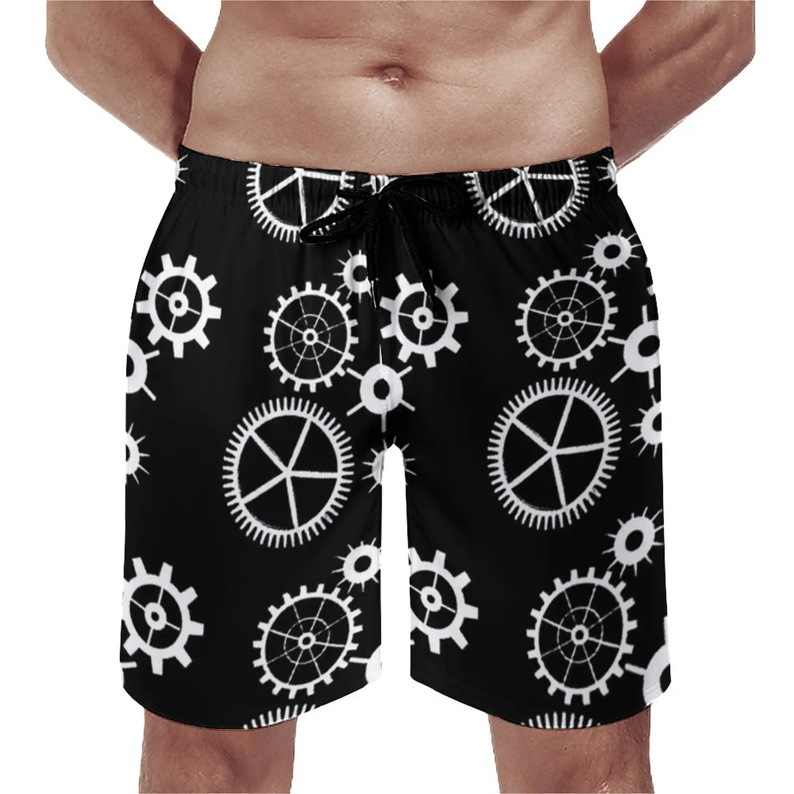 

Steampunk Black And White Board Shorts High Quality Technology Gears Monochrome Design Beach Shorts Men Elastic Waist Trunks