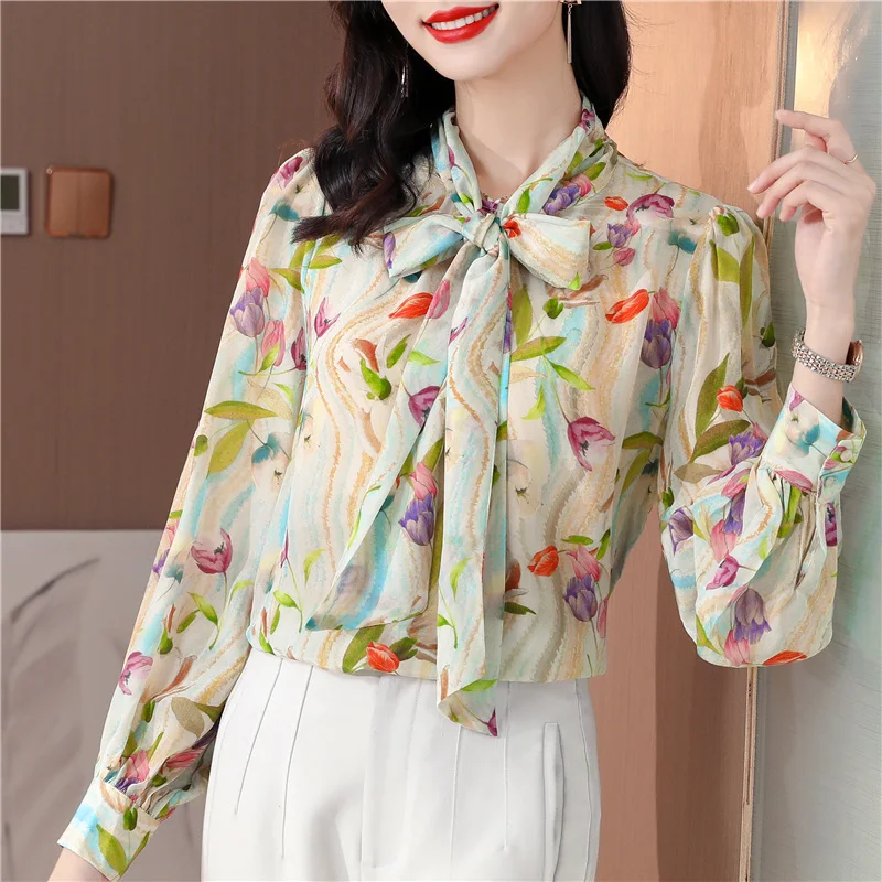 TingYiLi Spring Summer Bow Tie-Neck Printed Blouse Korean Elegant Women Long Sleeve Boho Floral Top Beige Silk Shirts |