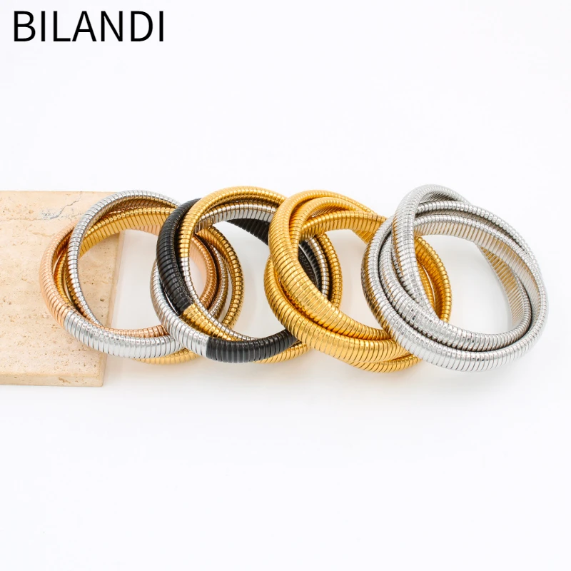 

Bilandi Fashion Jewelry Cool Design Multi Color Three Layer Weave Metallic Bracelet For Women Female Party Gift Stretch Bangles
