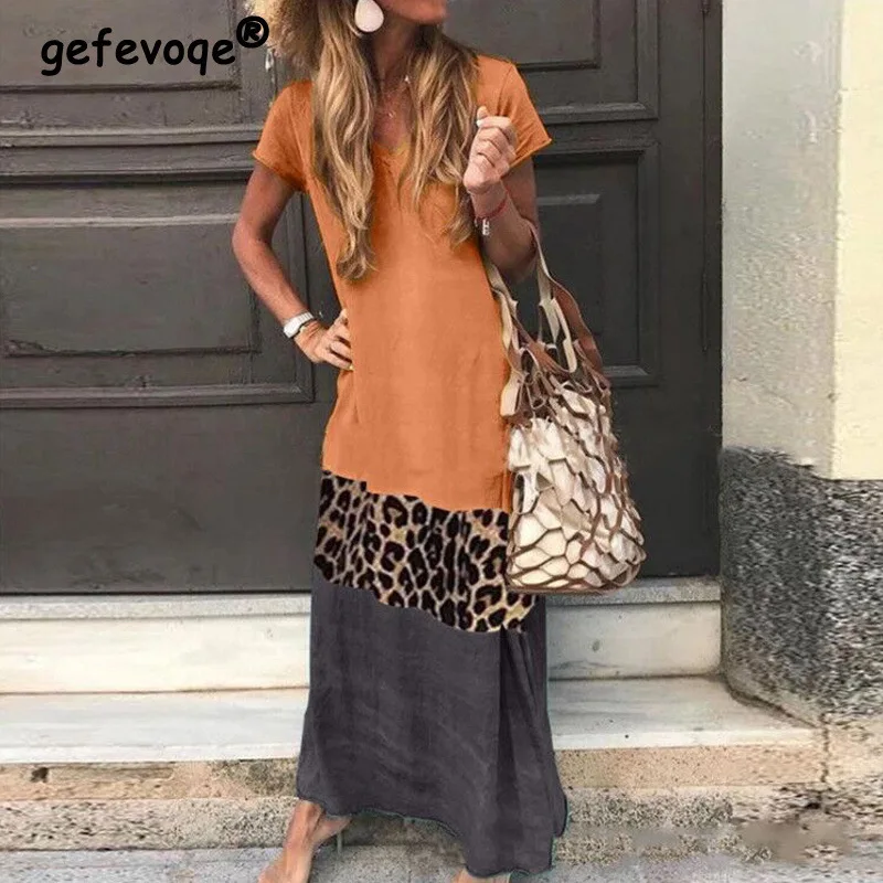 

Simple Fashion Vintage Leopard Print Patchwork Short Sleeve Boho Holiday Beach Maxi Dress Casual V-Neck Loose Long Dresses S-5XL